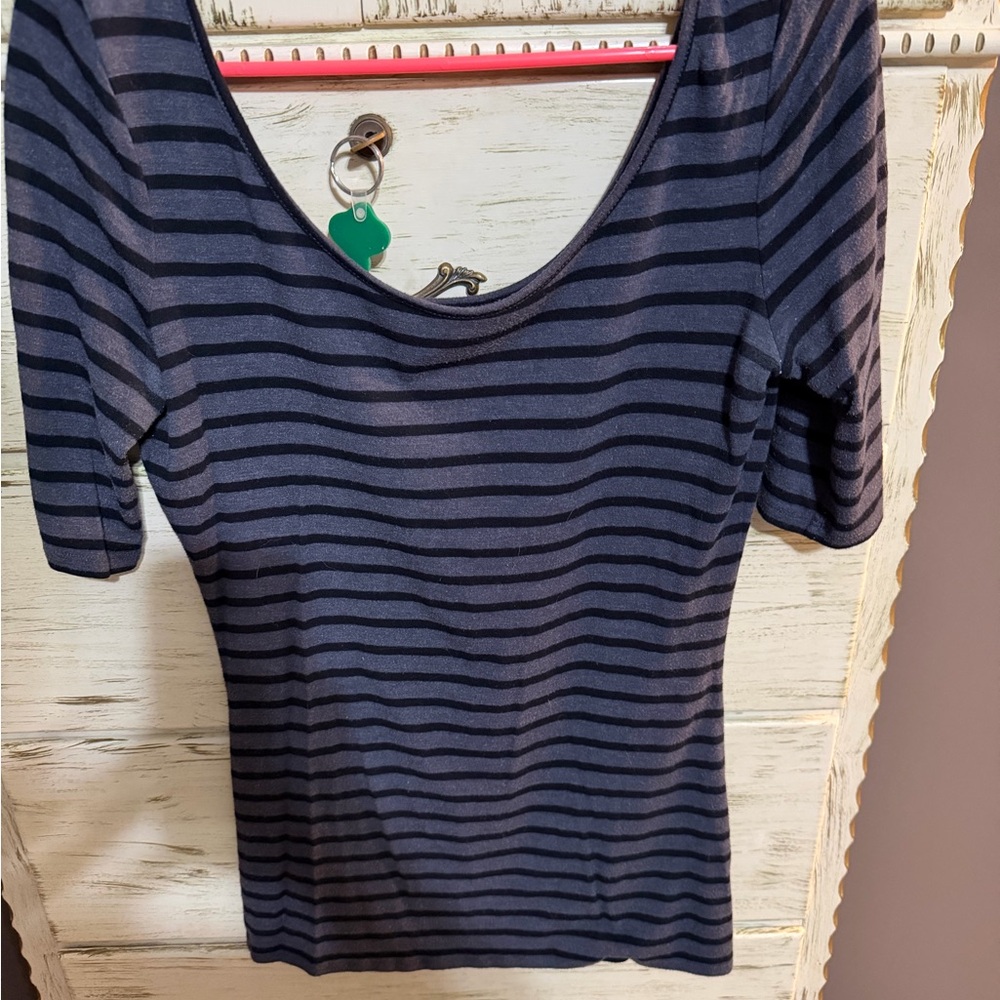 Decree Navy and Black Striped Short Sleeve Top